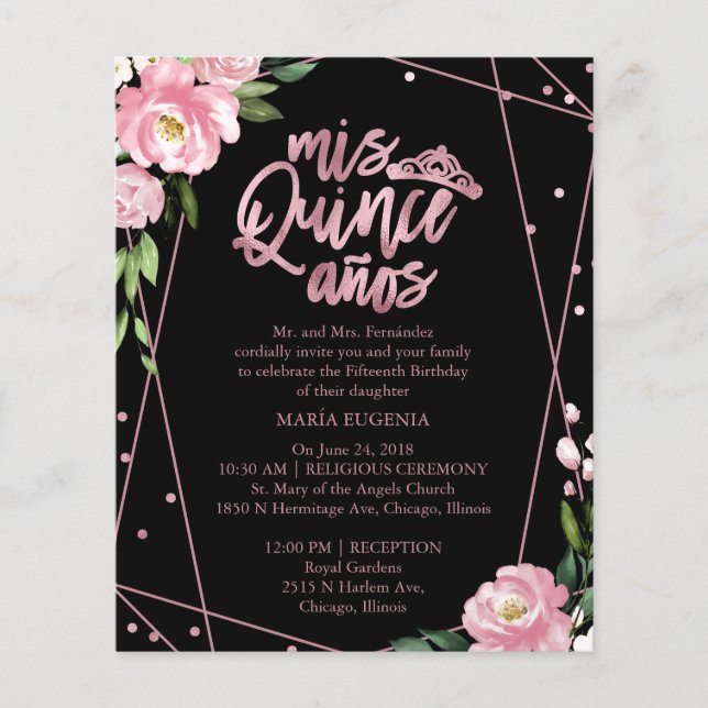 Orçamento Quinceanera Convite Bilíngue Rosa Preto (Frente)