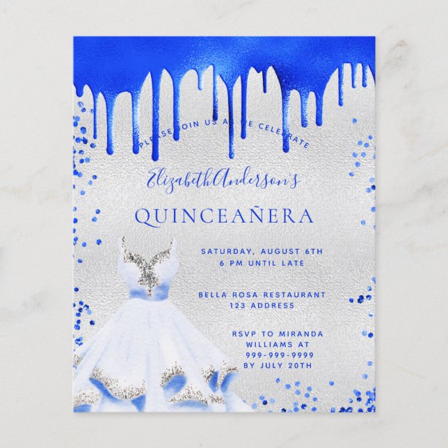 Orçamento Quinceanera convite real à prata azul (Frente)