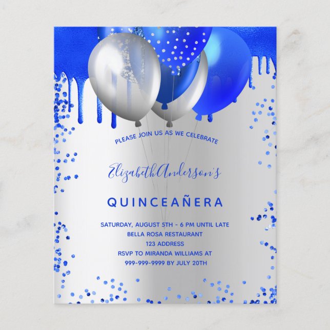 Orçamento Quinceanera convite real à prata azul (Frente)