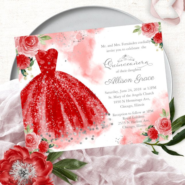 Orçamento Quinceanera Convite Silver Red Gown (Criador carregado)