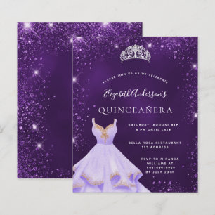 Orçamento Quinceanera, glitas roxas, tiara