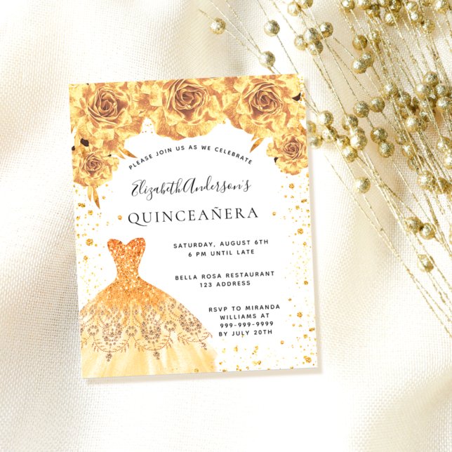 Orçamento Quinceanera gold dress convite floral (Criador carregado)