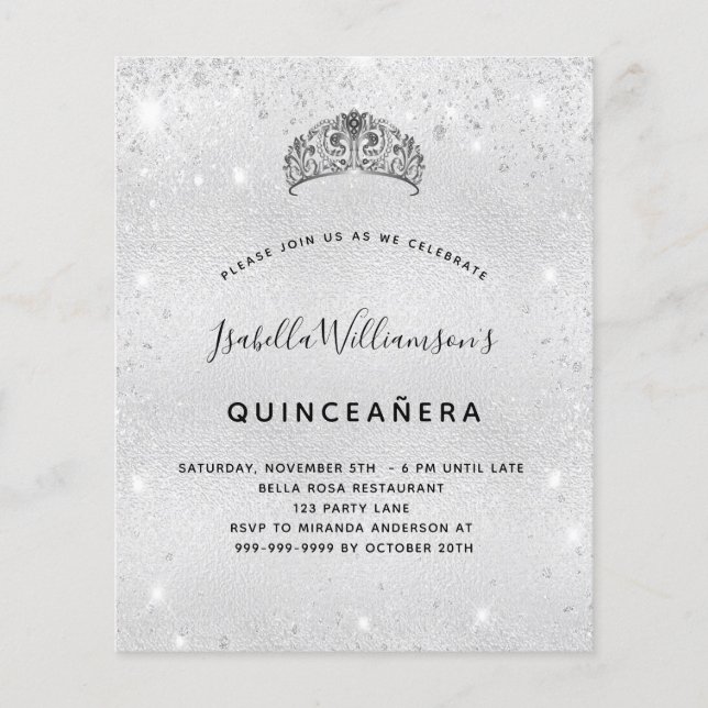 Orçamento Quinceanera prata gliteira convite tiara (Frente)