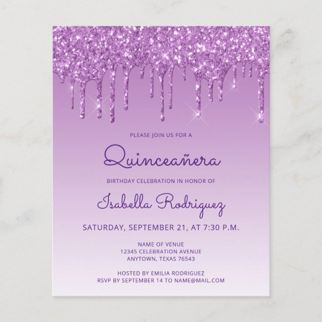 Orçamento Quinceañera Purple Glitter Convite (Frente)