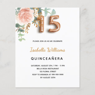 Orçamento Quinceanera rosa de ouro floral eucalipt