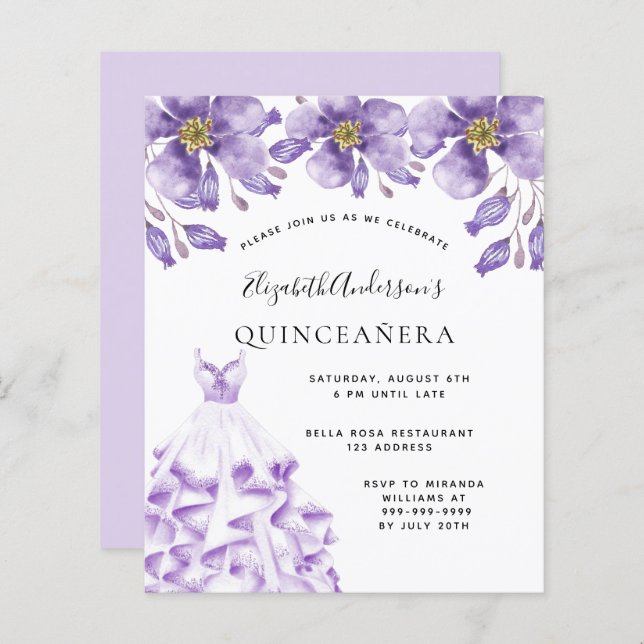 Orçamento Quinceanera violeta, vestido branco flor (Frente/Verso)