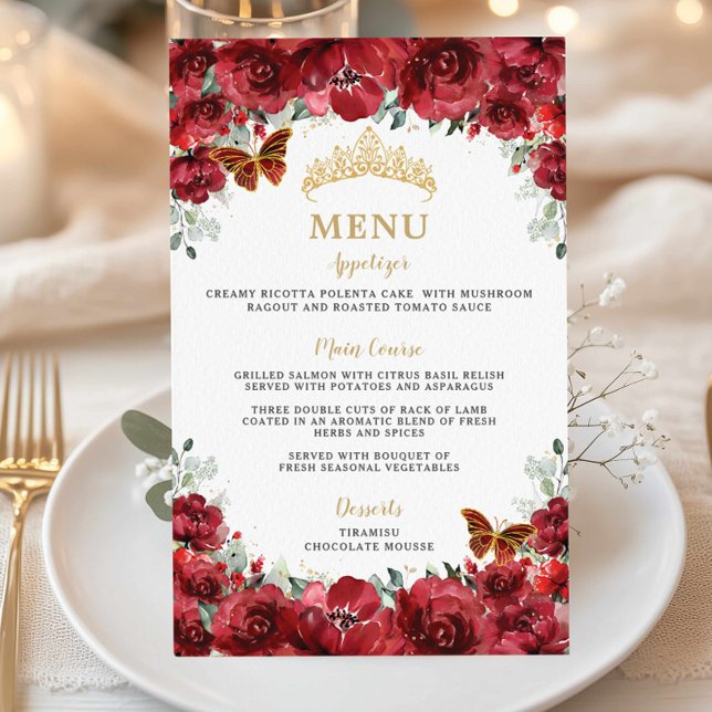 Orçamento Red Floral Dourado Quinceañera Sweet 16  (budget cheap printed menu paper sheet red flowers floral butterflies Quinceañera xv 15 sweet 16 )