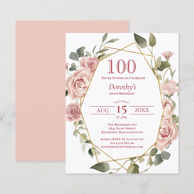 Orçamento Rosa Floral 100º Convite de Aniversário (Frente/Verso)
