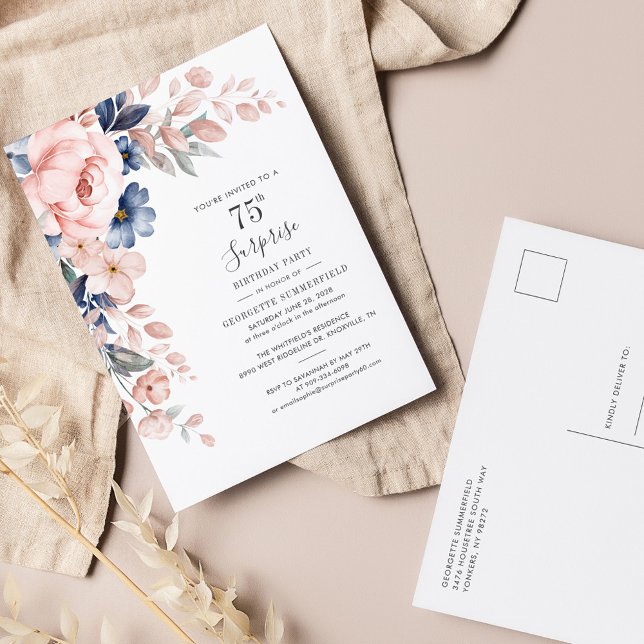 Orçamento Rosa Floral 75º Convite de Aniversário (Pink Floral Watercolor 75th Birthday Party Invitation Postcard)