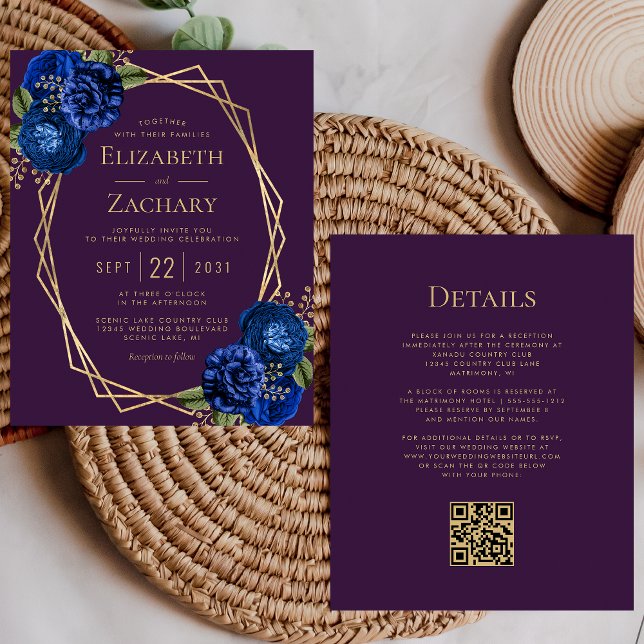 Orçamento Roxo Azul Floral Dourado Código QR Casam (Criador carregado)