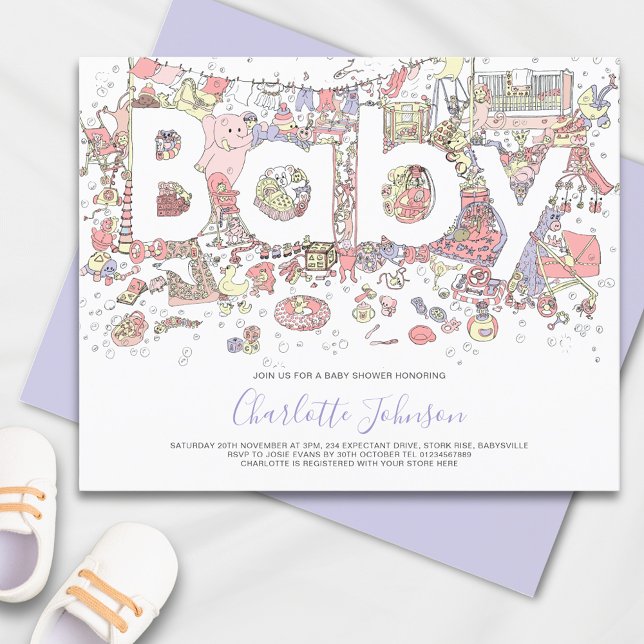 Orçamento Roxo de Elefante de Aquarela (Cute elephant pink and purple baby shower invitation )