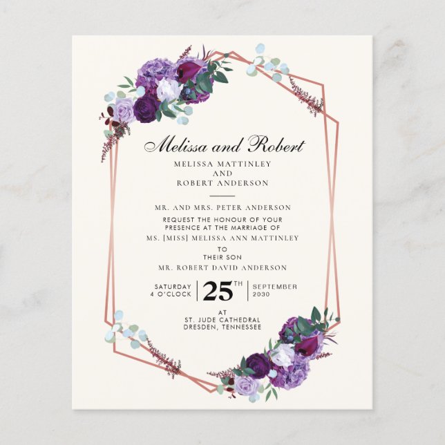 Orçamento Roxo Floral Geométrico Casamento Script (Frente)
