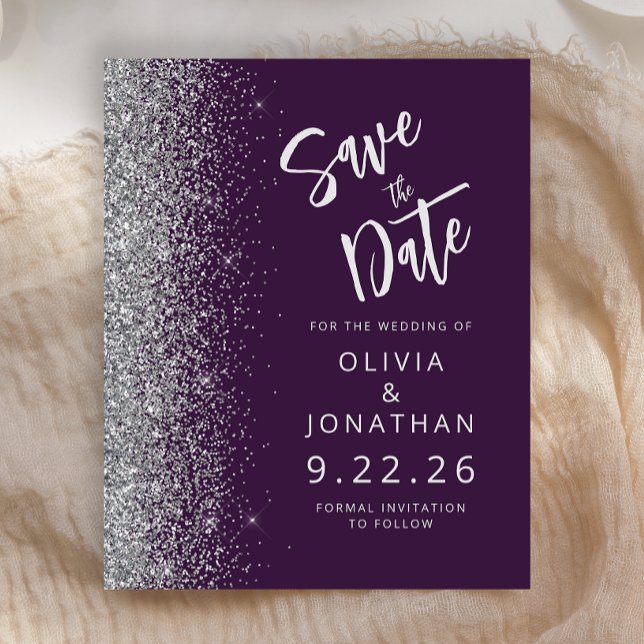 Orçamento Roxo Prata Script Glitter Save the Date (Criador carregado)