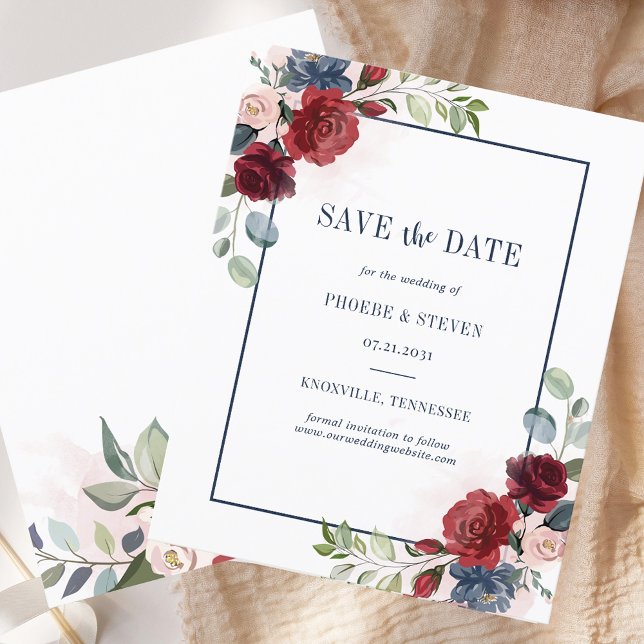 Orçamento Salvar a Data Borgonha Marinho Floral Az (Watercolor Floral Wedding Save the Date)