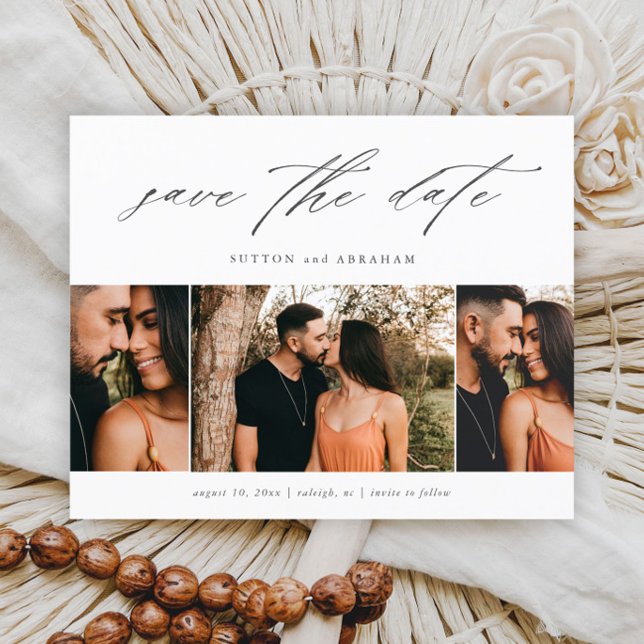 Orçamento Script Mínimo 3 Foto Save The Date  (Elegant script 3 photo wedding save the date cards.)