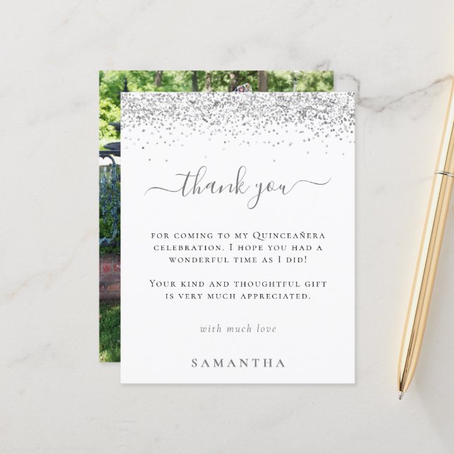 Orçamento Silver Glitter Foto Quinceanera Obrigado (Frente/Verso In Situ)