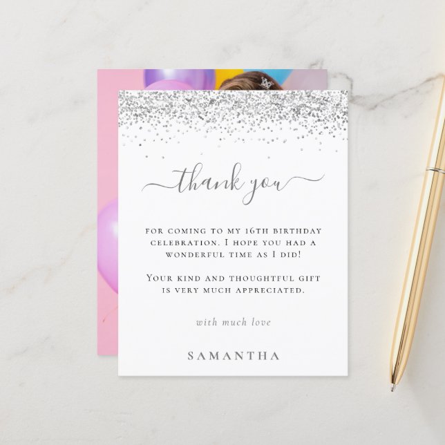 Orçamento Silver Glitter Foto Sweet 16 Obrigado (Frente/Verso In Situ)