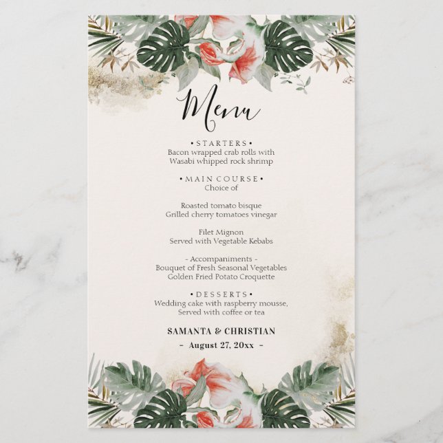 Orçamento Tropical Palm Greenery Menu Casamento (Frente)