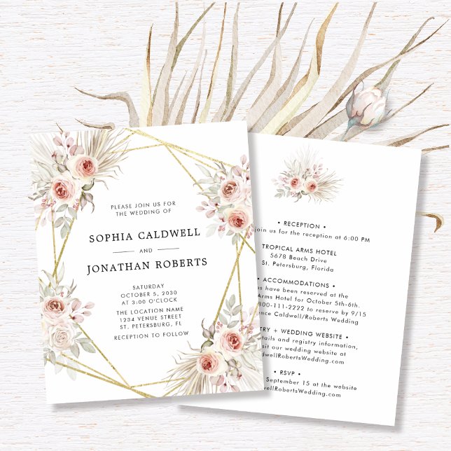 Orçamento Tudo em Um Convite de casamento Dourado  (Budget All in One Boho Roses Floral Gold Frame Wedding Wedding Invitation)