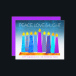 Orçamento Turquoise Hanukkah vela cartão de amor à<br><div class="desc">"Paz, amor e luz." Uma ilustração lúdica, moderna e artística das velas de padrão de feto em uma menorah ajuda você a lançar no feriado de Chanucá. Velas azuis cortadas com padrões de folha de alumínio coloridos cobrem um gradiente de turquesa a fundo branco. Folha de diamante roxo, rosa-quente, escura,...</div>
