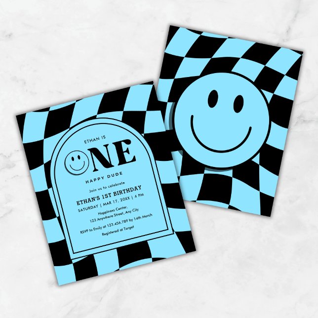 Orçamento Um Feliz primeiro aniversario Blue Boy C (Budget One Happy Dude Happy Face Blue Boy 1st Birthday Invitation  )