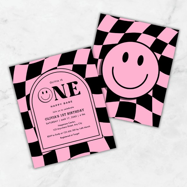 Orçamento Um Feliz primeiro aniversario Rosa Babe  (Budget One Happy Babe Happy Face Pink Girl 1st Birthday Invitation )