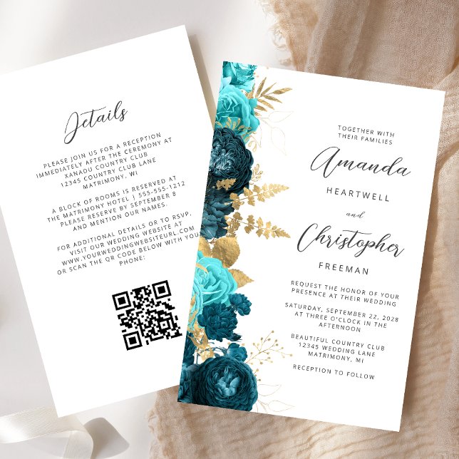 Orçamento Verde Aquático Dourado Floral Código QR  (Criador carregado)