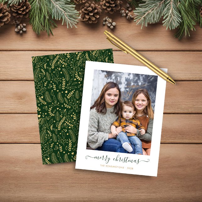 ORÇAMENTO Verde Dourado Roteiro Simples Foto de Na (BUDGET Green Gold Simple Script Christmas Photo Holiday Card)