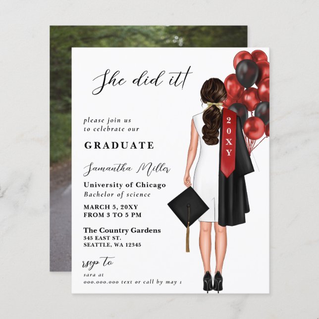 Orçamento Vermelho Simples Foto Ela Fez Graduação (Frente/Verso)