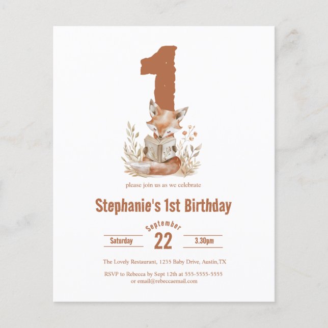 Orçamento Woodland Fox Lendo um primeiro aniversar (Frente)
