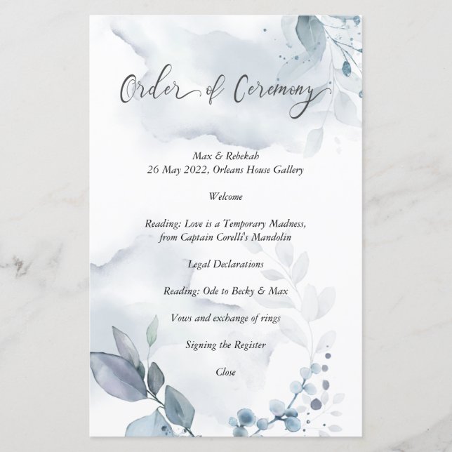 Ordem de Cerimônia Folhagem Azul Wispy Dusty (Frente)