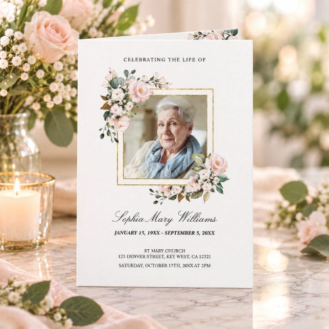 Ordem de Serviço de Funeral | Programa Memorial Fl ("Celebrating the Life Of" funeral program with white floral gold frame photo, personalized)