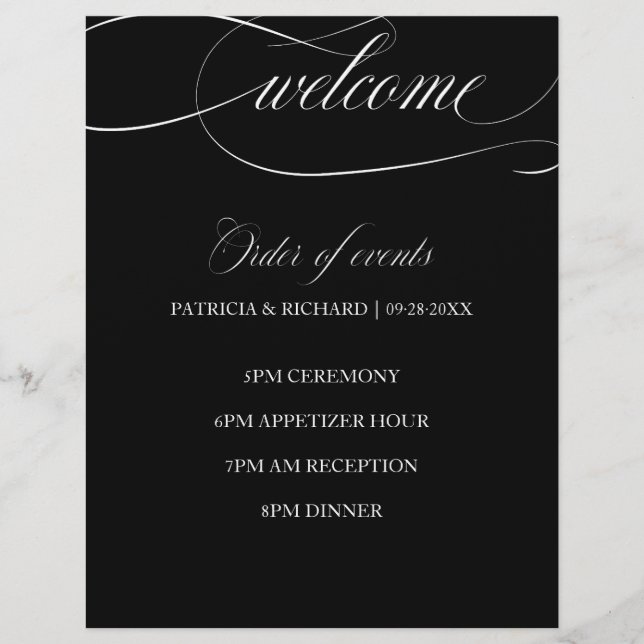 Ordem dos Eventos do Casamento Chic Preto e Branco (Frente)