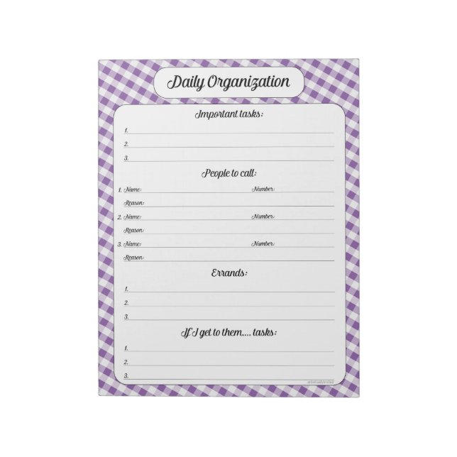 Organização diária - Bloco de notas Gingham roxo (Invertido)