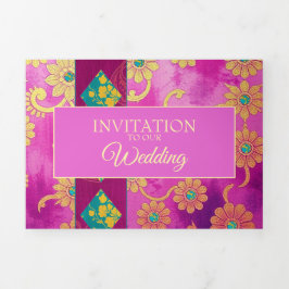 ORIENTAL Rosa Turquesa Floral - Cartão de Convite