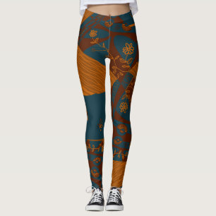 Origami Chintz (L) Leggings de Teal Laranja Maroon
