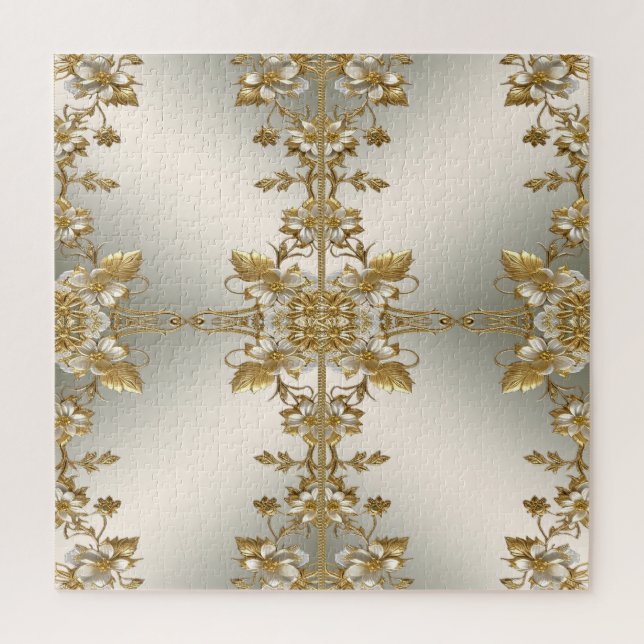 Ornamentado Dourado Branco Floral Quebra-cabeça (Vertical)