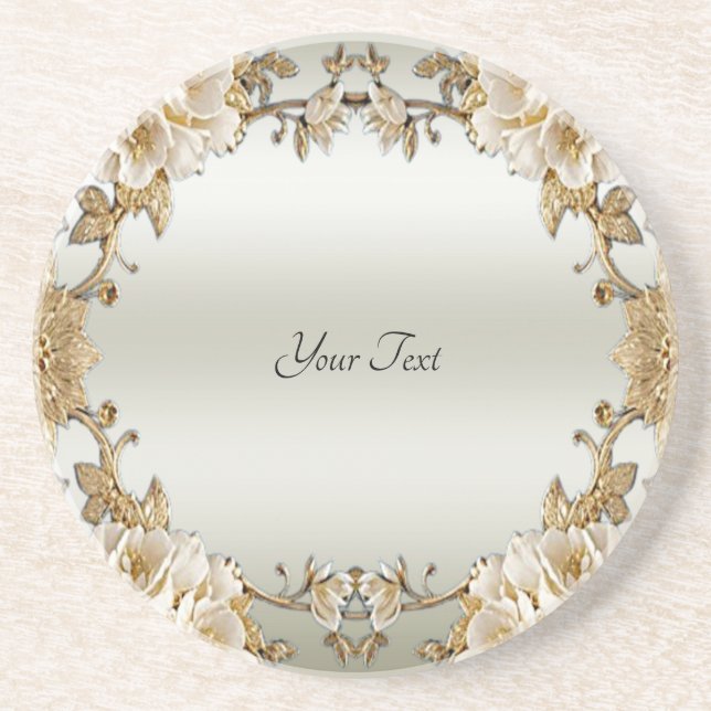 Ornamentado ouro Flores Brancas Porta copos Sandst (Frente)