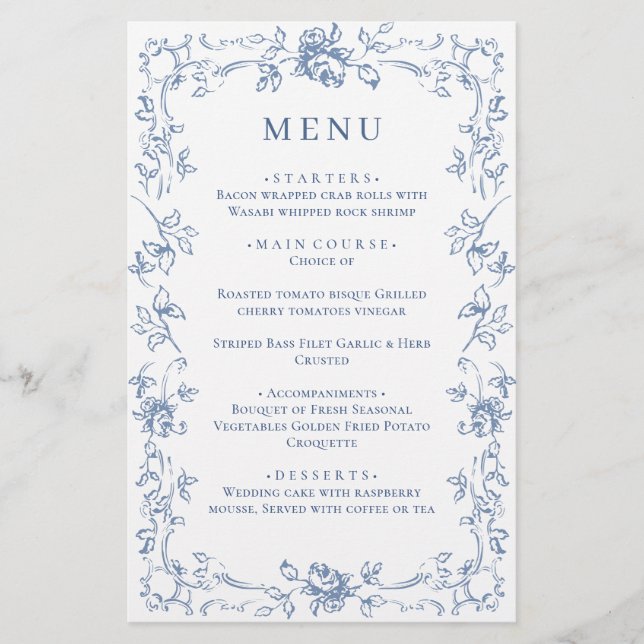 Ornamentado Renascentista Dusty Blue Floral Menu (Frente)