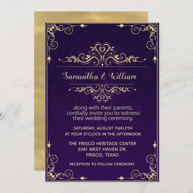Ornamentado Roxo e Convite Dourado para Casamento (Frente/Verso)