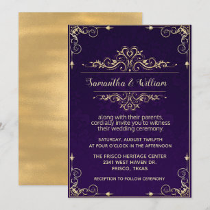 Ornamentado Roxo e Convite Dourado para Casamento