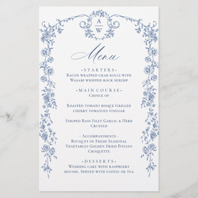 Ornamentado vitoriano Grace Floral Blue WedMenu (Frente)