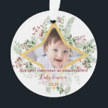 Ornamento 1rua Ano Avós Dourados e Natal Floral<br><div class="desc">Coroa botânica de inverno e moldura dourada com sua foto de bebê. Excelente como primeiro presente de Natal para os avós!</div>