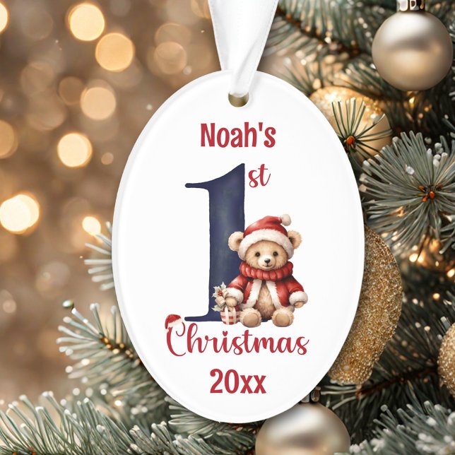 Ornamento 1rua De Natal, Belo Azul-Bebê (1st Christmas Cute Teddy Bear Baby Boy Red Blue Ornament)