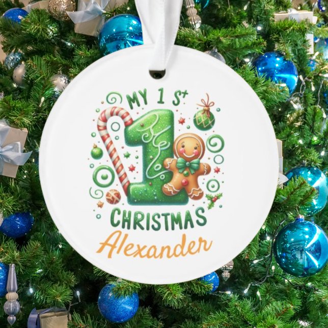 Ornamento 1st Xmas Candy Cane Gingerbread Photo Ornament (Criador carregado)