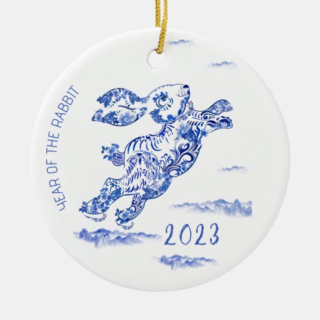 Ornamento 2023 do Coelho Branco Azul Ano Novo Chin (Frente)
