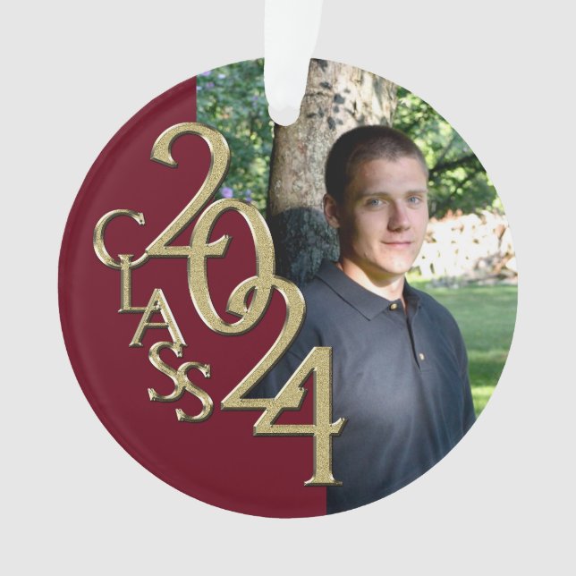 Ornamento 2024 Foto de Burgundy e Dourada Graduação (Frente)