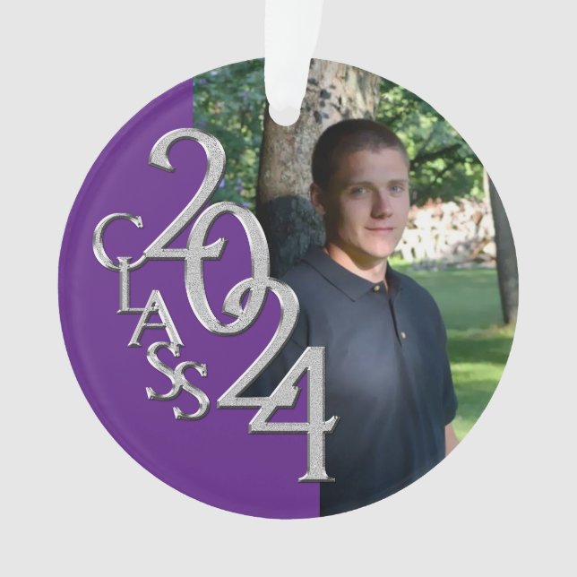 Ornamento 2024 Foto de Graduação em Púrpura e Prata (Frente)