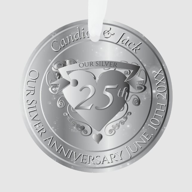 Ornamento 25th Wedding Anniversary Silvery Heart (Frente)