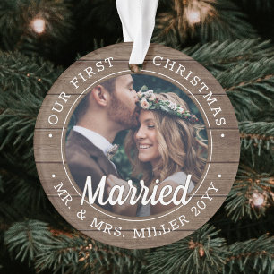 Ornamento 2 Foto: Newlyweds 1rua Xmas Casada Com Madeira Fau